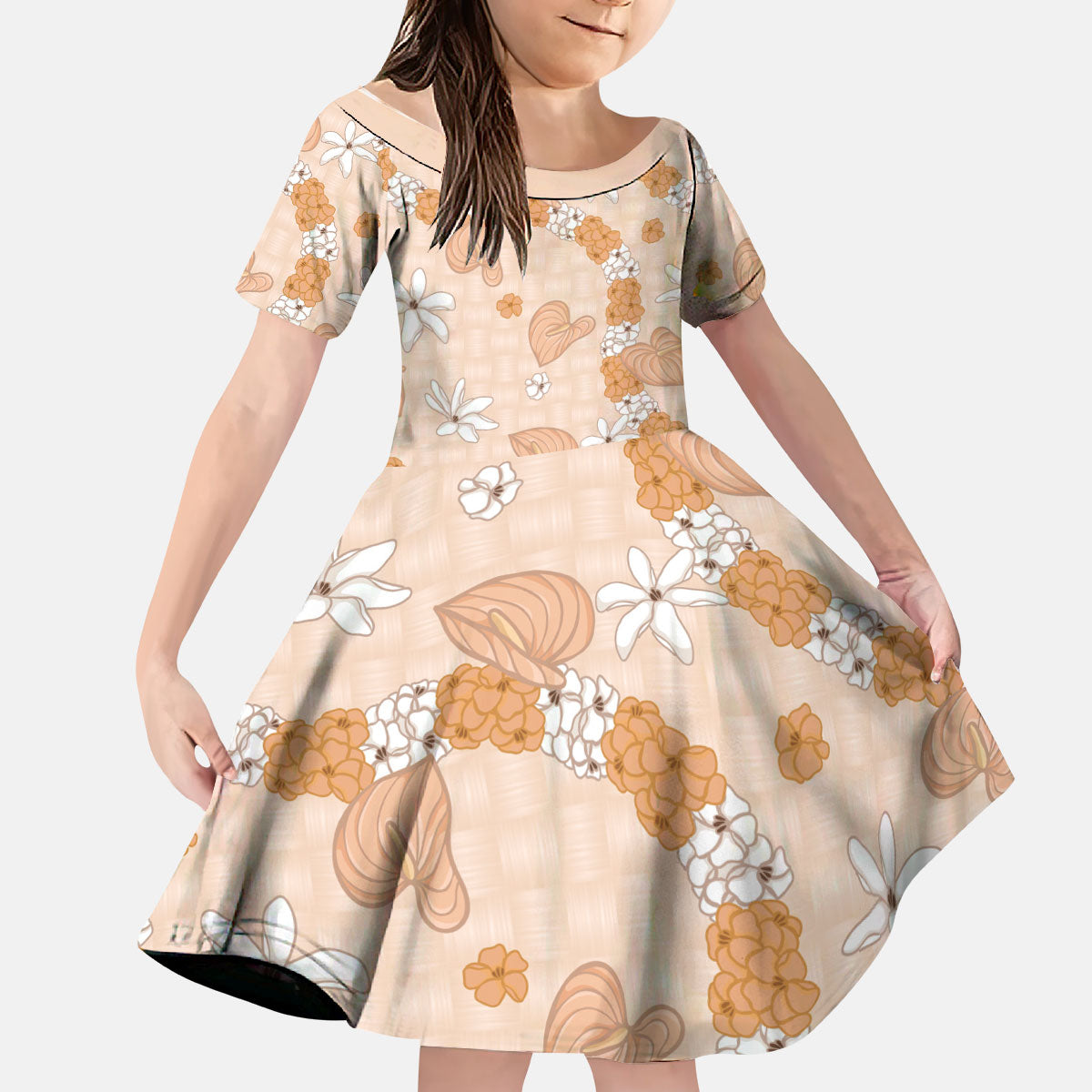 Hawaii Anthurium Tiare Pikake Lei Kid Short Sleeve Dress Alani Lauhala Art Pattern LT01 KID Orange - Polynesian Pride