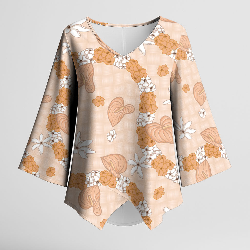 Hawaii Anthurium Tiare Pikake Lei Kimono Sleeve Blouse Alani Lauhala Art Pattern LT01 Female Orange - Polynesian Pride