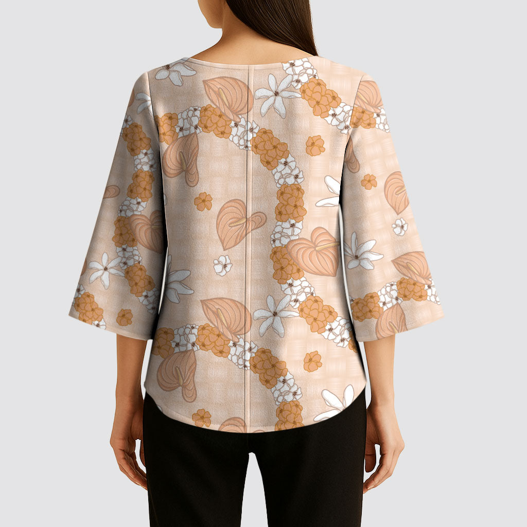 Hawaii Anthurium Tiare Pikake Lei Kimono Sleeve Blouse Alani Lauhala Art Pattern