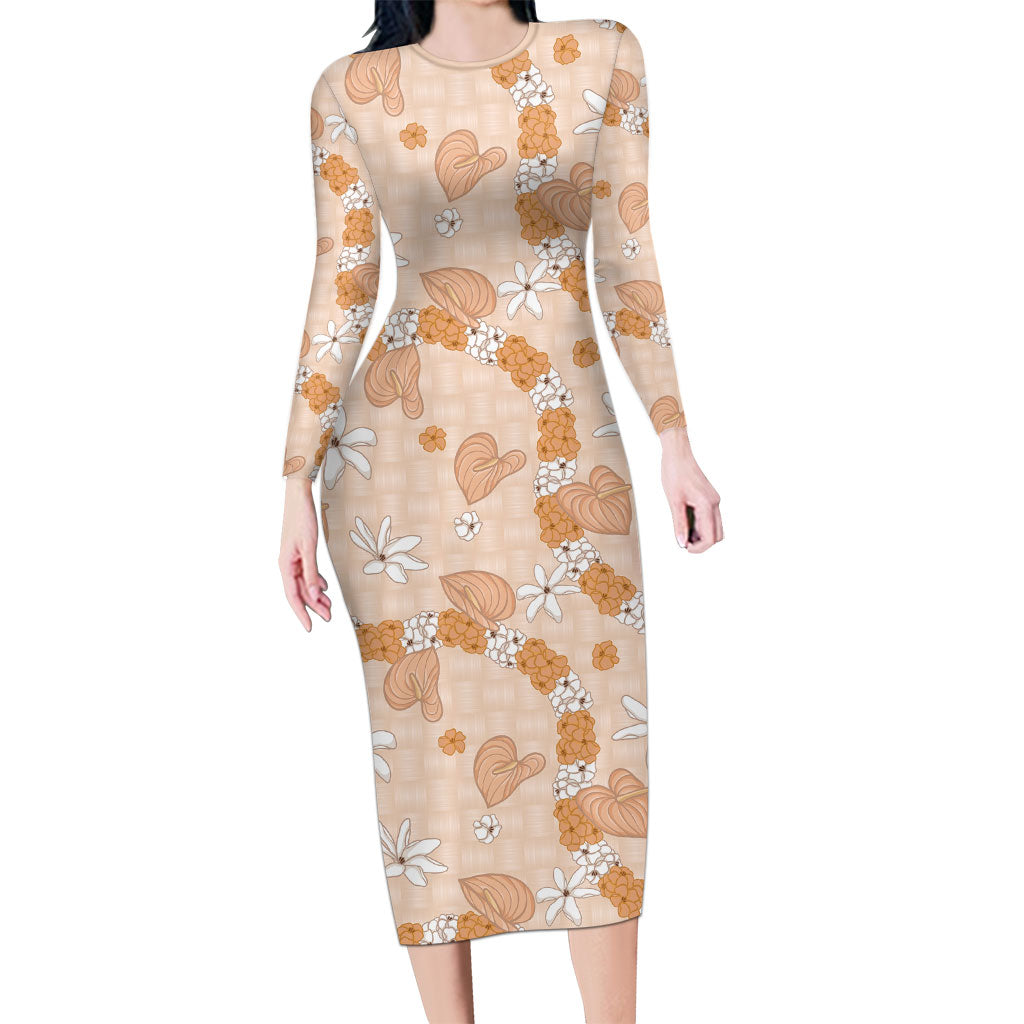Hawaii Anthurium Tiare Pikake Lei Long Sleeve Bodycon Dress Alani Lauhala Art Pattern LT01 Long Dress Orange - Polynesian Pride