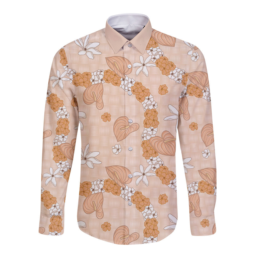 Hawaii Anthurium Tiare Pikake Lei Long Sleeve Button Shirt Alani Lauhala Art Pattern LT01 Unisex Orange - Polynesian Pride