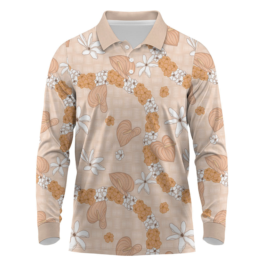 Hawaii Anthurium Tiare Pikake Lei Long Sleeve Polo Shirt Alani Lauhala Art Pattern LT01 Orange - Polynesian Pride