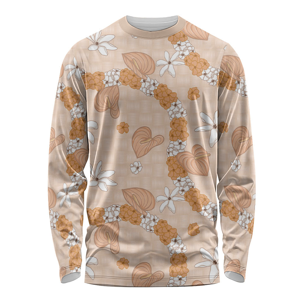 Hawaii Anthurium Tiare Pikake Lei Long Sleeve Shirt Alani Lauhala Art Pattern LT01 Unisex Orange - Polynesian Pride