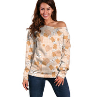 Hawaii Anthurium Tiare Pikake Lei Off Shoulder Sweater Alani Lauhala Art Pattern LT01 Women Orange - Polynesian Pride