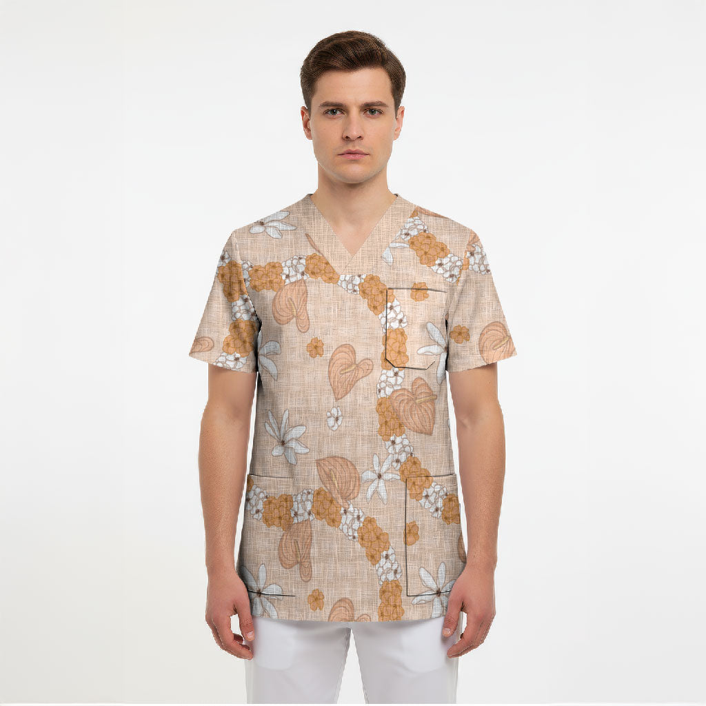 Hawaii Anthurium Tiare Pikake Lei Scrub Top Alani Lauhala Art Pattern