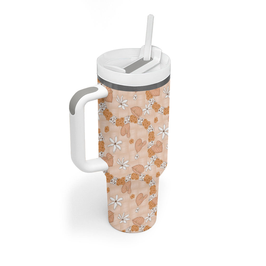 Hawaii Anthurium Tiare Pikake Lei Tumbler With Handle Alani Lauhala Art Pattern LT01 - Polynesian Pride