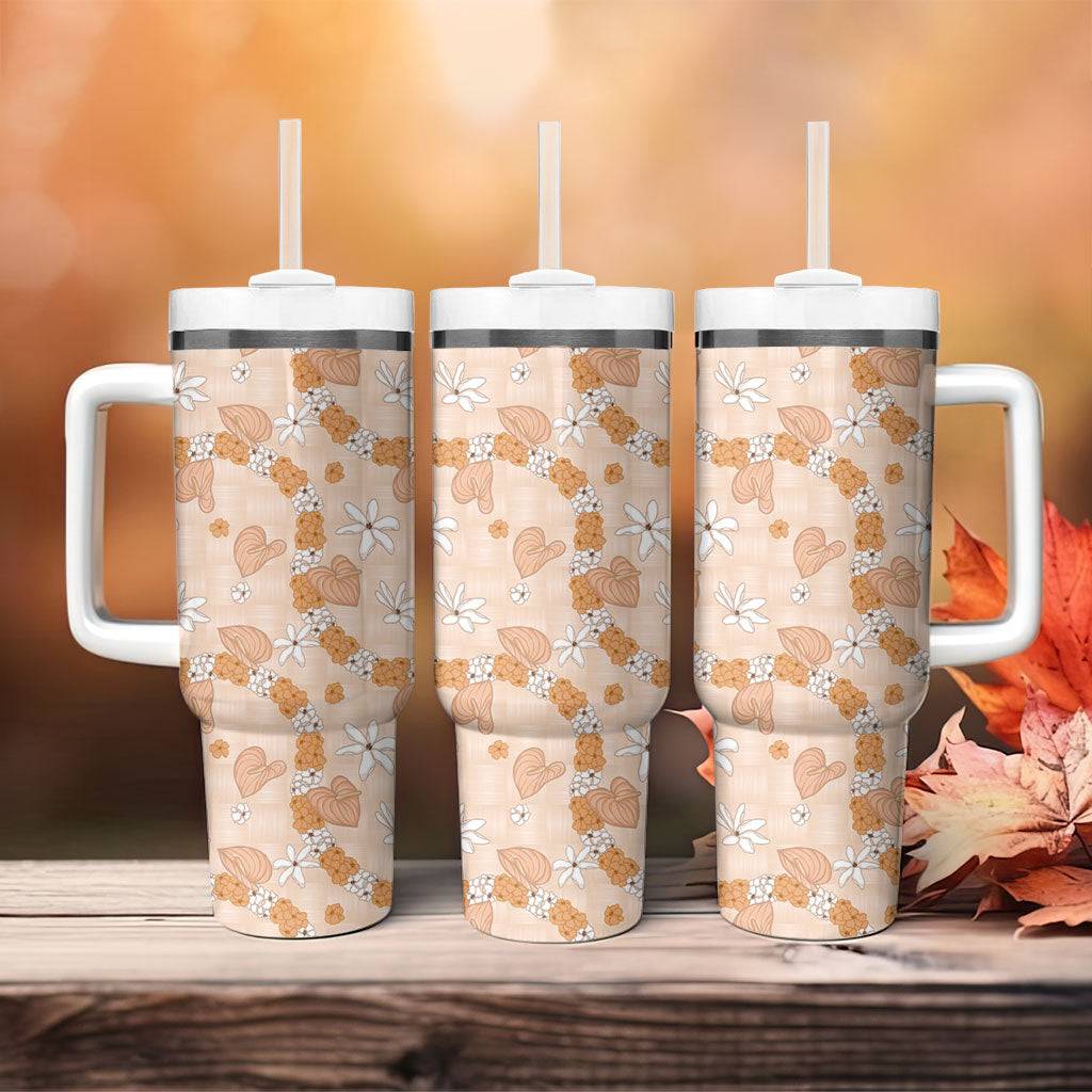 Hawaii Anthurium Tiare Pikake Lei Tumbler With Handle Alani Lauhala Art Pattern LT01 - Polynesian Pride