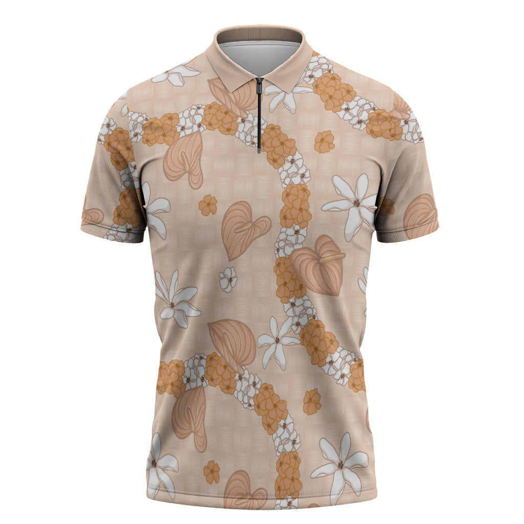 Hawaii Anthurium Tiare Pikake Lei Zipper Polo Shirt Alani Lauhala Art Pattern LT01 Orange - Polynesian Pride