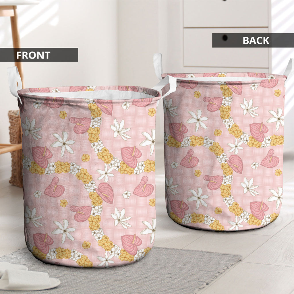 Hawaii Anthurium Tiare Pikake Lei Laundry Basket Akala Lauhala Art Pattern