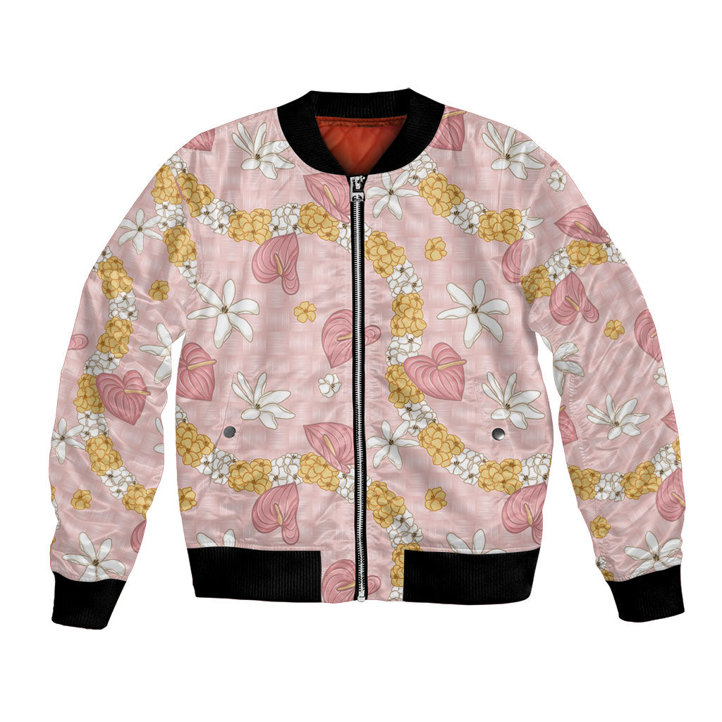 Hawaii Anthurium Tiare Pikake Lei Bomber Jacket Akala Lauhala Art Pattern LT01 Unisex Pink - Polynesian Pride