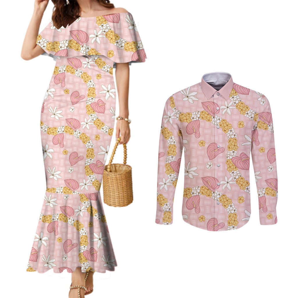 Hawaii Anthurium Tiare Pikake Lei Couples Matching Mermaid Dress and Long Sleeve Button Shirt Akala Lauhala Art Pattern LT01 Pink - Polynesian Pride