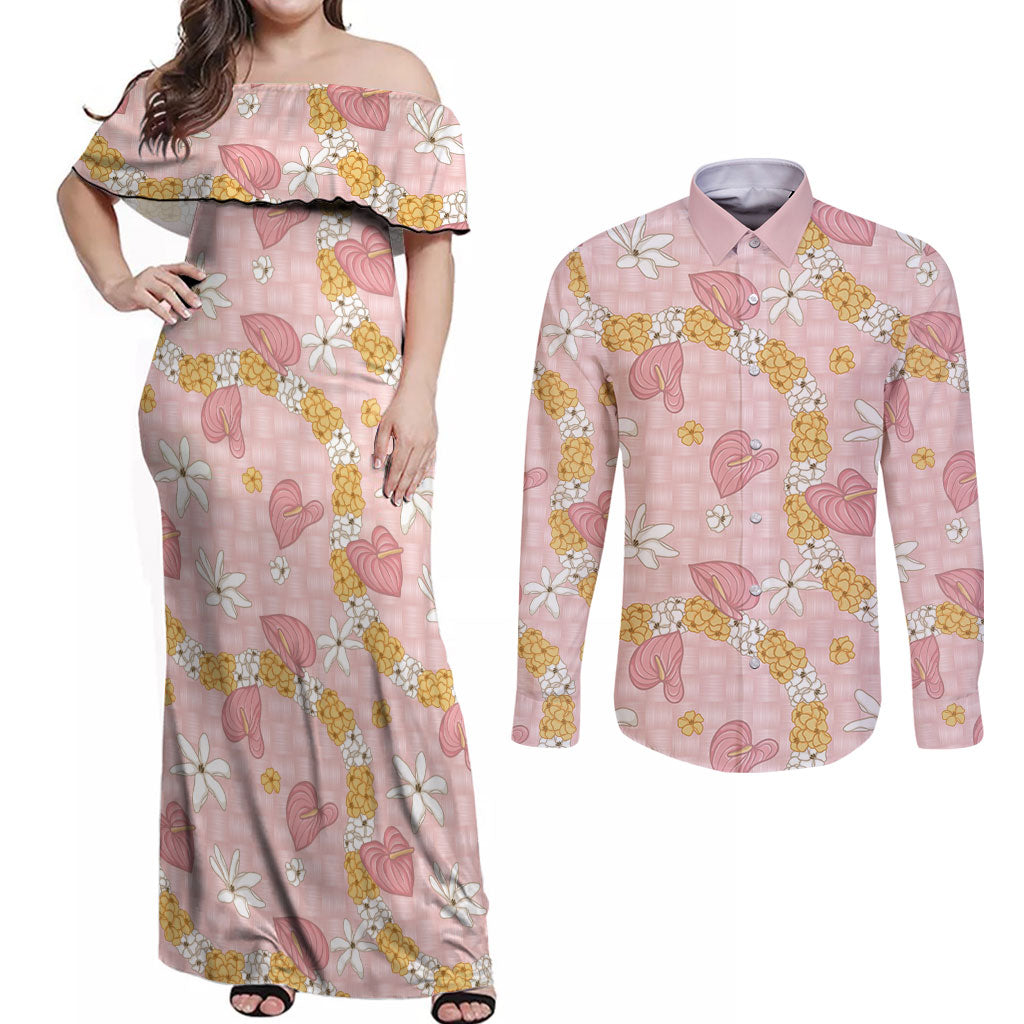 Hawaii Anthurium Tiare Pikake Lei Couples Matching Off Shoulder Maxi Dress and Long Sleeve Button Shirt Akala Lauhala Art Pattern LT01 Pink - Polynesian Pride
