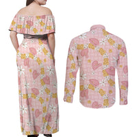 Hawaii Anthurium Tiare Pikake Lei Couples Matching Off Shoulder Maxi Dress and Long Sleeve Button Shirt Akala Lauhala Art Pattern LT01 - Polynesian Pride
