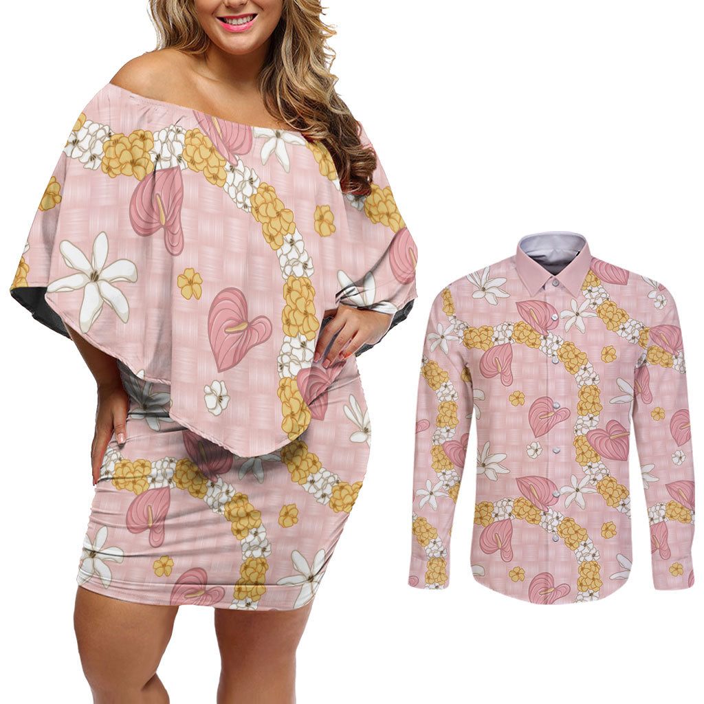 Hawaii Anthurium Tiare Pikake Lei Couples Matching Off Shoulder Short Dress and Long Sleeve Button Shirt Akala Lauhala Art Pattern LT01 Pink - Polynesian Pride