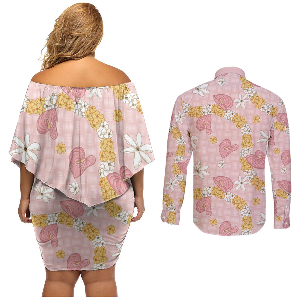 Hawaii Anthurium Tiare Pikake Lei Couples Matching Off Shoulder Short Dress and Long Sleeve Button Shirt Akala Lauhala Art Pattern LT01 - Polynesian Pride