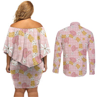 Hawaii Anthurium Tiare Pikake Lei Couples Matching Off Shoulder Short Dress and Long Sleeve Button Shirt Akala Lauhala Art Pattern LT01 - Polynesian Pride