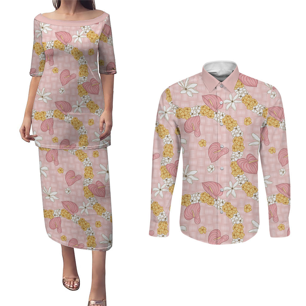 Hawaii Anthurium Tiare Pikake Lei Couples Matching Puletasi and Long Sleeve Button Shirt Akala Lauhala Art Pattern LT01 Pink - Polynesian Pride