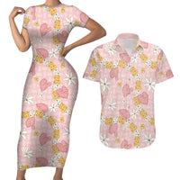 Hawaii Anthurium Tiare Pikake Lei Couples Matching Short Sleeve Bodycon Dress and Hawaiian Shirt Akala Lauhala Art Pattern