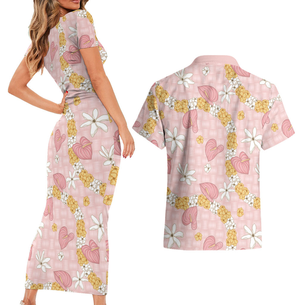 Hawaii Anthurium Tiare Pikake Lei Couples Matching Short Sleeve Bodycon Dress and Hawaiian Shirt Akala Lauhala Art Pattern
