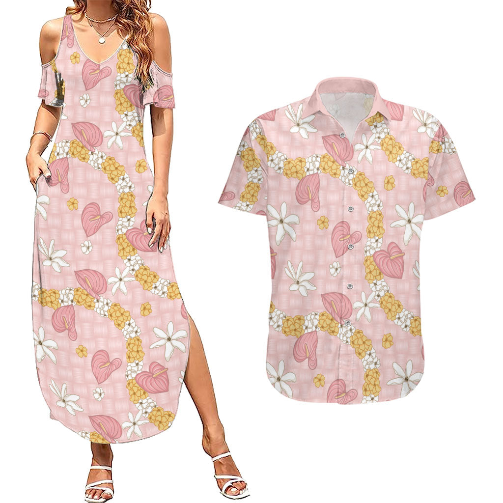Hawaii Anthurium Tiare Pikake Lei Couples Matching Summer Maxi Dress and Hawaiian Shirt Akala Lauhala Art Pattern LT01 Pink - Polynesian Pride