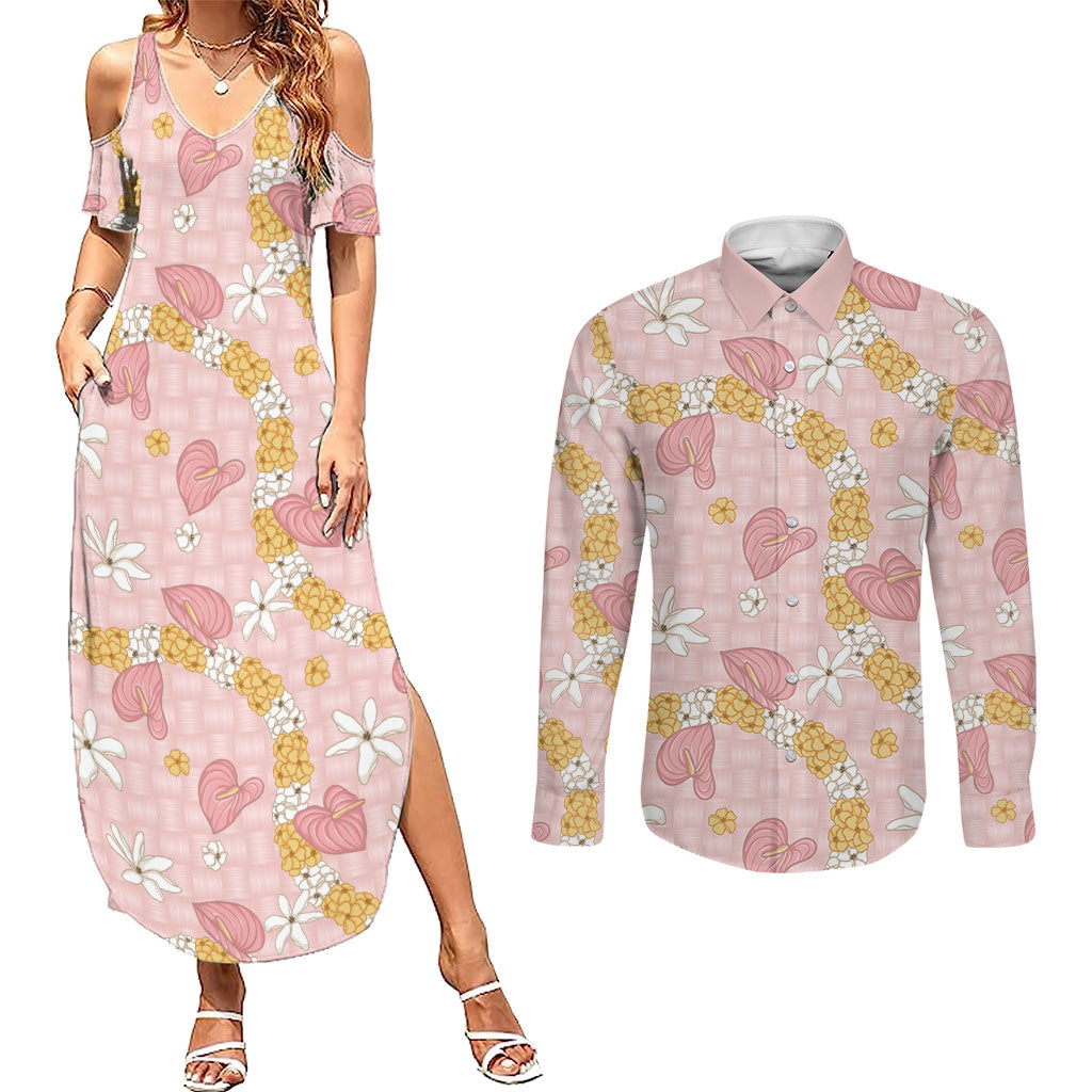 Hawaii Anthurium Tiare Pikake Lei Couples Matching Summer Maxi Dress and Long Sleeve Button Shirt Akala Lauhala Art Pattern LT01 Pink - Polynesian Pride