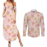 Hawaii Anthurium Tiare Pikake Lei Couples Matching Summer Maxi Dress and Long Sleeve Button Shirt Akala Lauhala Art Pattern LT01 Pink - Polynesian Pride