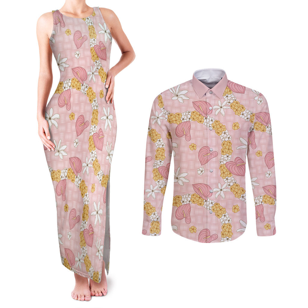 Hawaii Anthurium Tiare Pikake Lei Couples Matching Tank Maxi Dress and Long Sleeve Button Shirt Akala Lauhala Art Pattern LT01 Pink - Polynesian Pride