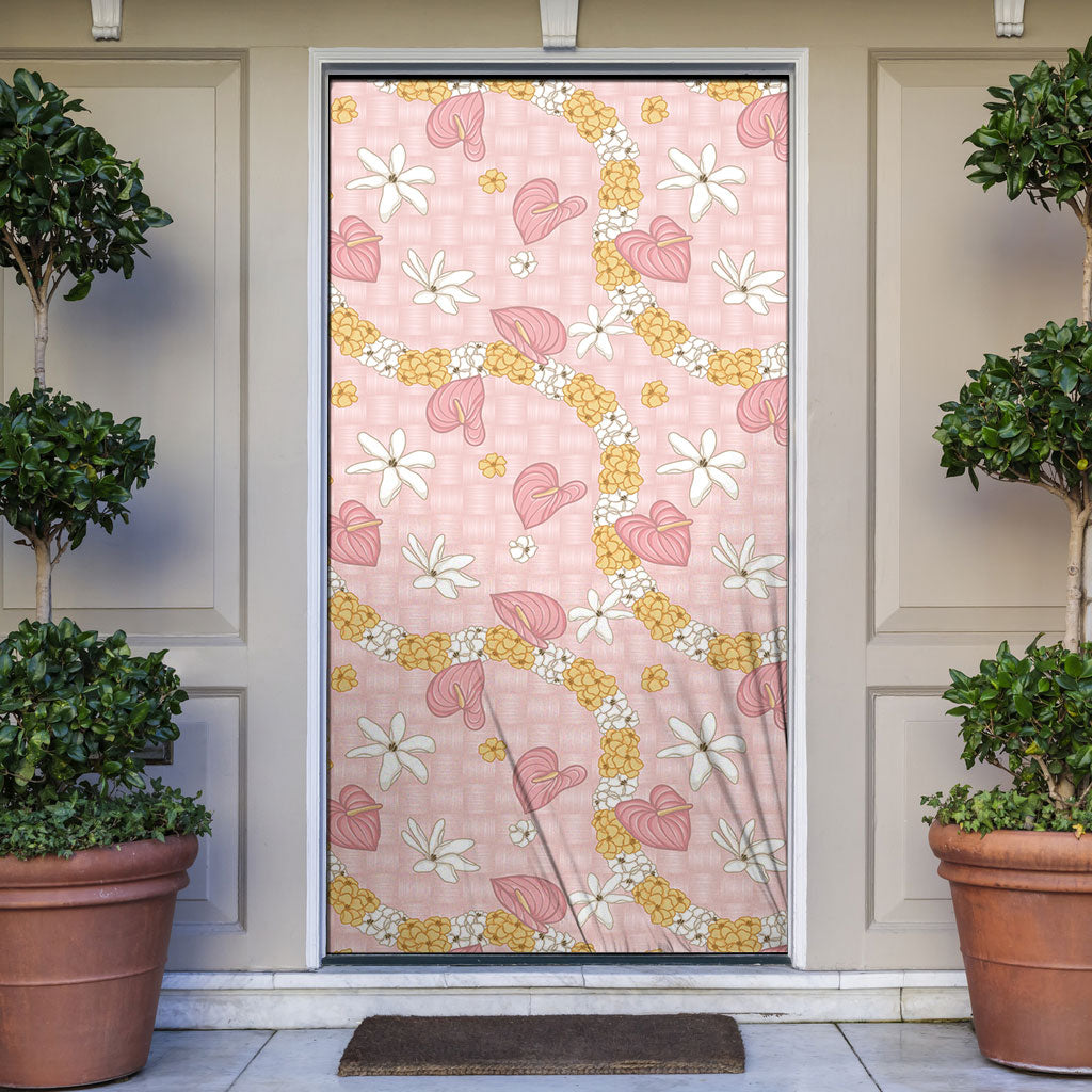 Hawaii Anthurium Tiare Pikake Lei Door Cover Akala Lauhala Art Pattern LT01 Pink - Polynesian Pride