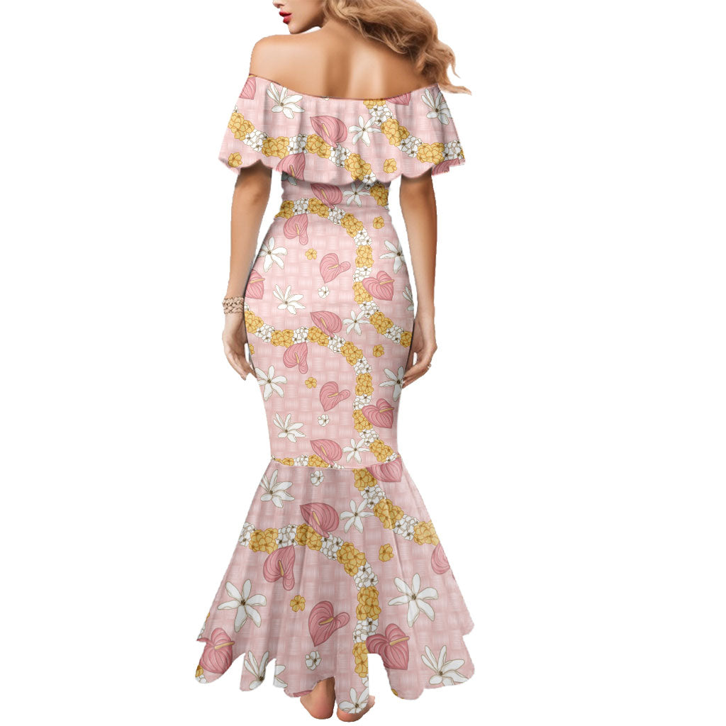 Hawaii Anthurium Tiare Pikake Lei Family Matching Mermaid Dress and Hawaiian Shirt Akala Lauhala Art Pattern