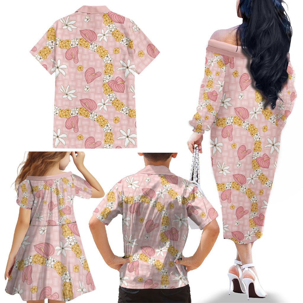 Hawaii Anthurium Tiare Pikake Lei Family Matching Off The Shoulder Long Sleeve Dress and Hawaiian Shirt Akala Lauhala Art Pattern LT01 - Polynesian Pride