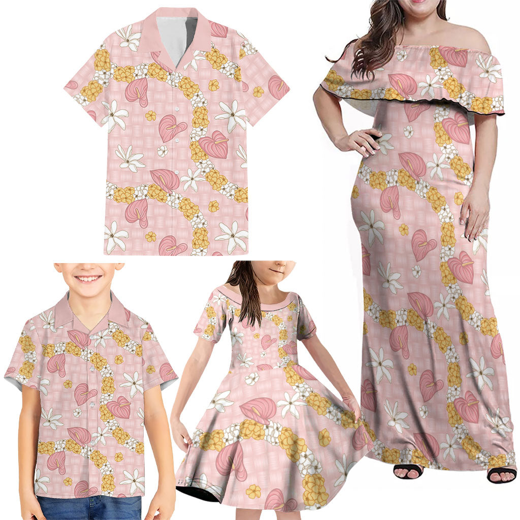 Hawaii Anthurium Tiare Pikake Lei Family Matching Off Shoulder Maxi Dress and Hawaiian Shirt Akala Lauhala Art Pattern
