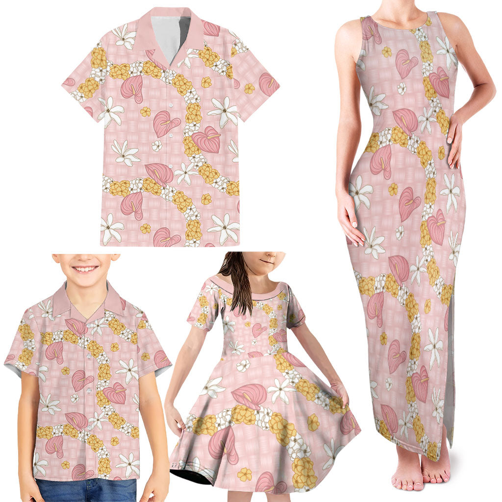 Hawaii Anthurium Tiare Pikake Lei Family Matching Tank Maxi Dress and Hawaiian Shirt Akala Lauhala Art Pattern