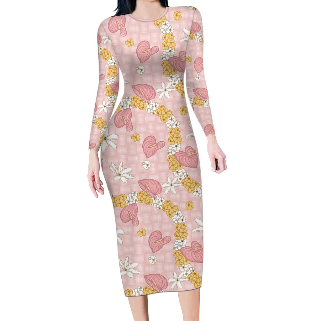 Hawaii Anthurium Tiare Pikake Lei Long Sleeve Bodycon Dress Akala Lauhala Art Pattern LT01 Long Dress Pink - Polynesian Pride