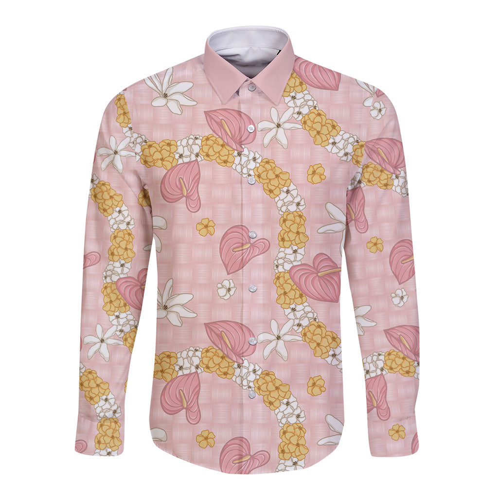 Hawaii Anthurium Tiare Pikake Lei Long Sleeve Button Shirt Akala Lauhala Art Pattern LT01 Unisex Pink - Polynesian Pride