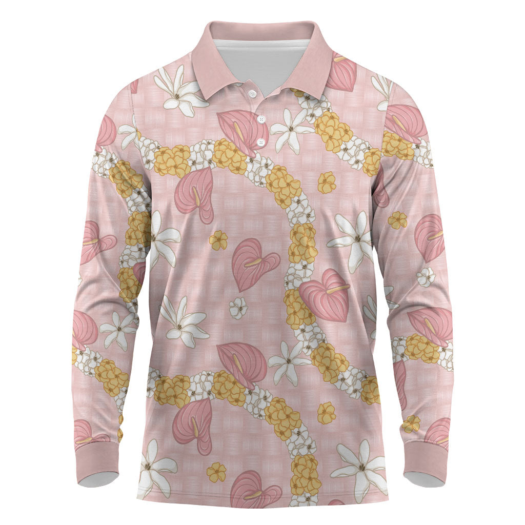 Hawaii Anthurium Tiare Pikake Lei Long Sleeve Polo Shirt Akala Lauhala Art Pattern LT01 Pink - Polynesian Pride