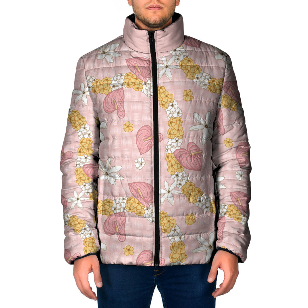 Hawaii Anthurium Tiare Pikake Lei Padded Jacket Akala Lauhala Art Pattern LT01 Men Pink - Polynesian Pride