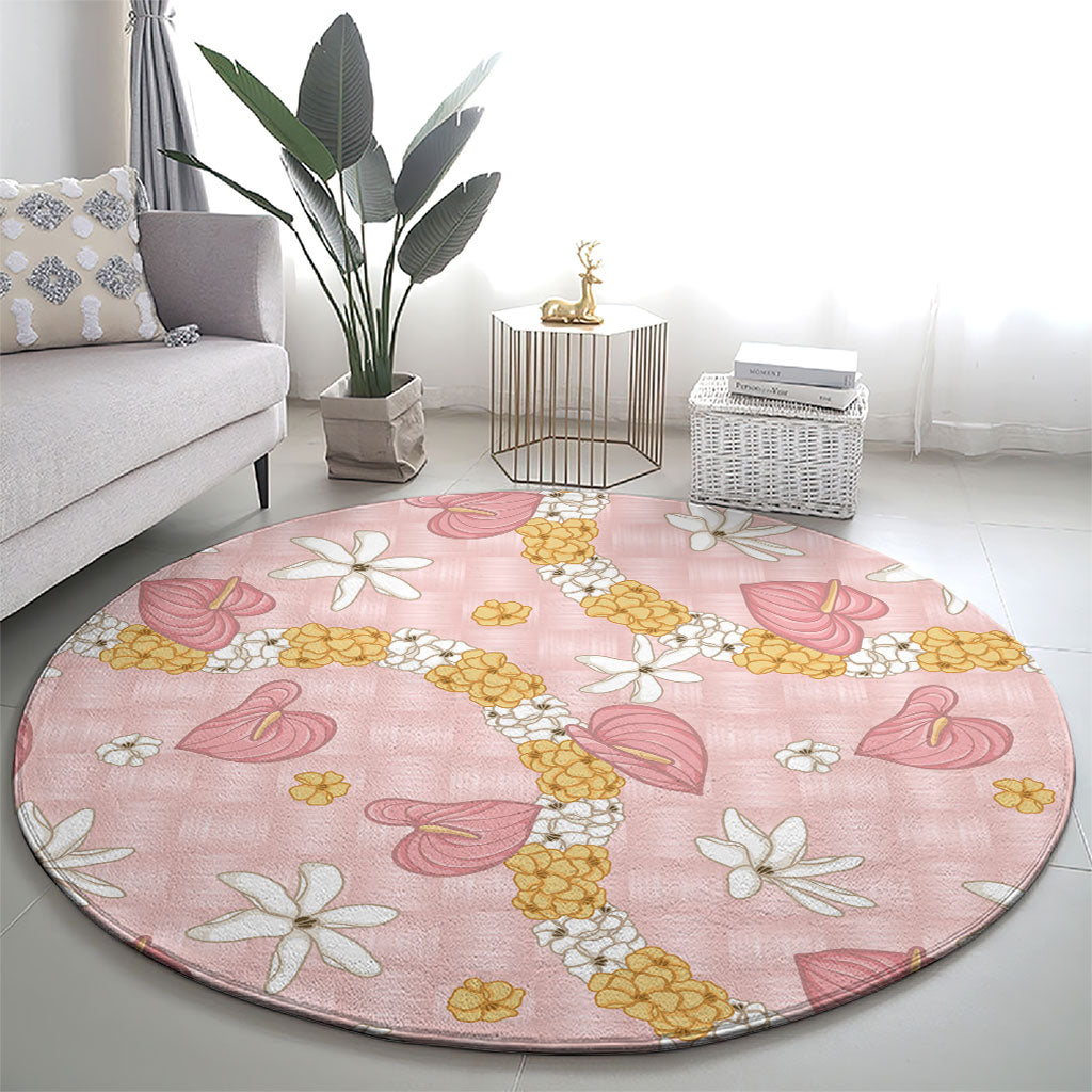 Hawaii Anthurium Tiare Pikake Lei Round Carpet Akala Lauhala Art Pattern
