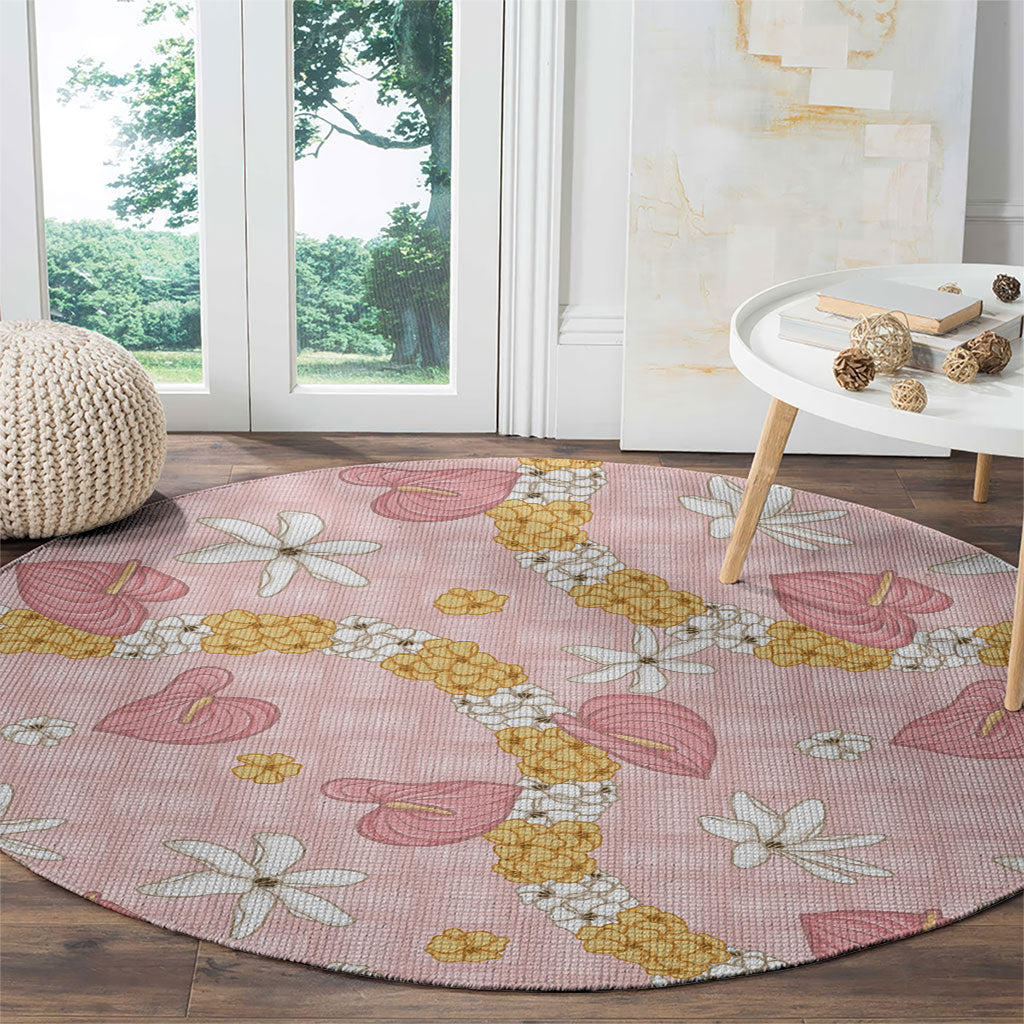 Hawaii Anthurium Tiare Pikake Lei Round Carpet Akala Lauhala Art Pattern