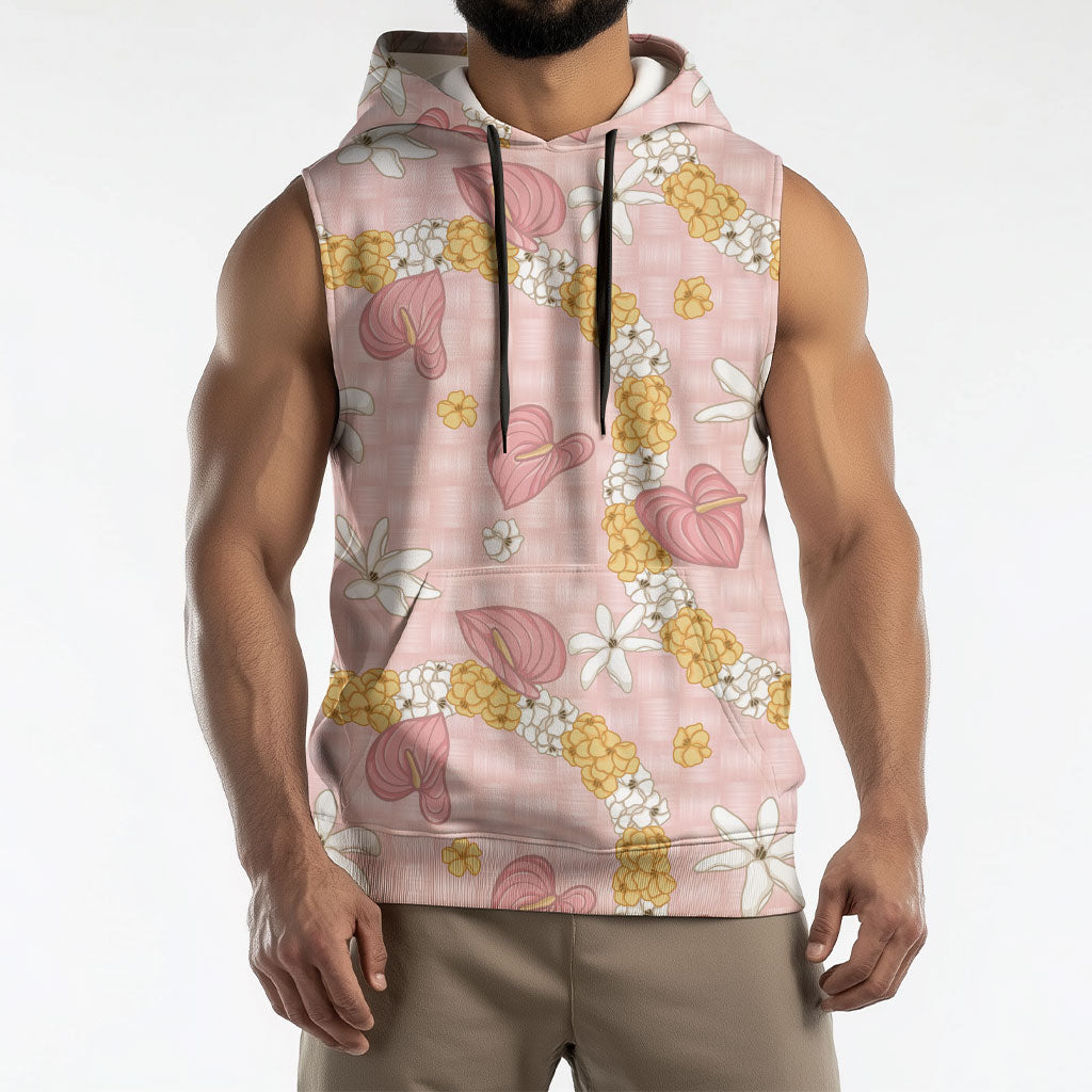 Hawaii Anthurium Tiare Pikake Lei Sleeveless Hoodie Akala Lauhala Art Pattern LT01 - Polynesian Pride