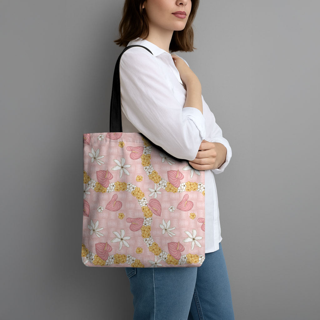Hawaii Anthurium Tiare Pikake Lei Tote Bag Akala Lauhala Art Pattern LT01 - Polynesian Pride