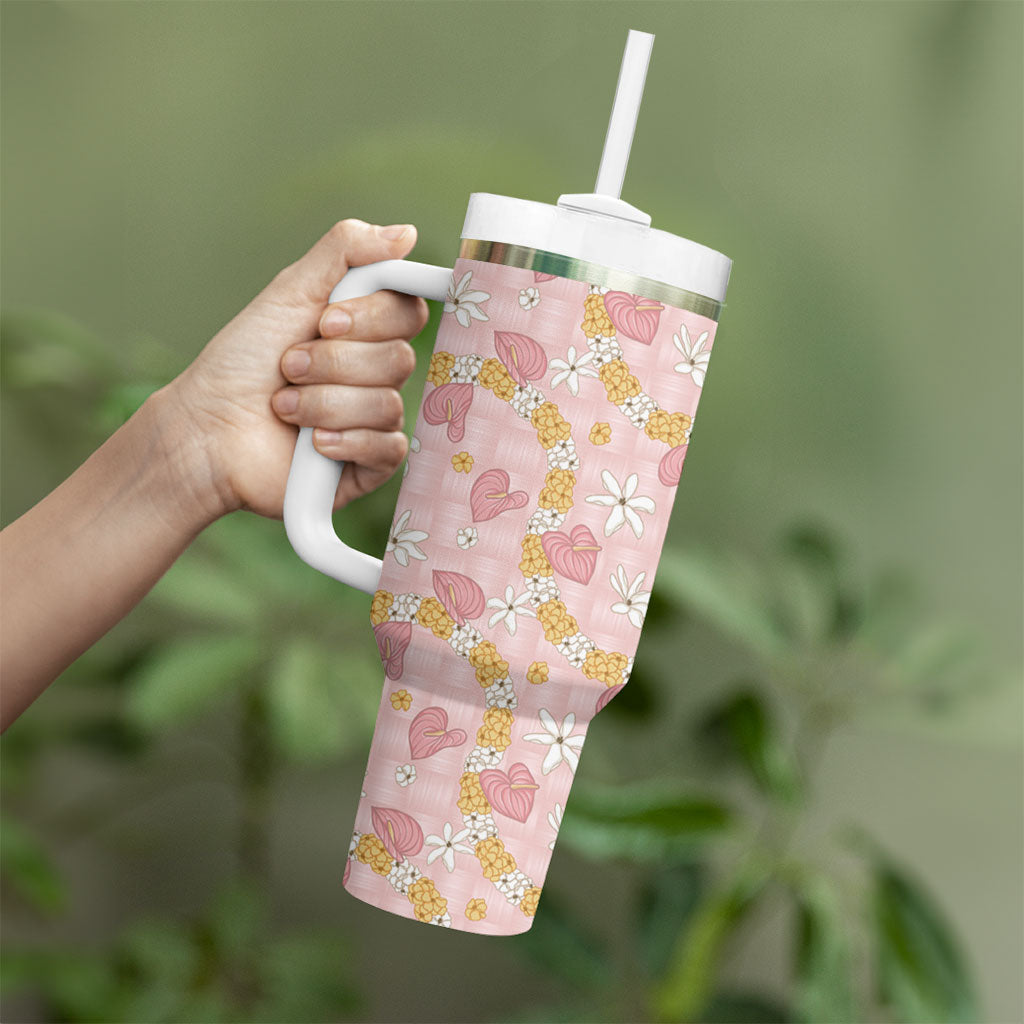 Hawaii Anthurium Tiare Pikake Lei Tumbler With Handle Akala Lauhala Art Pattern