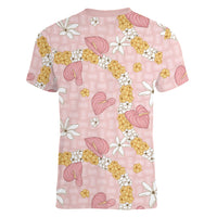 Hawaii Anthurium Tiare Pikake Lei Women V-Neck T-Shirt Akala Lauhala Art Pattern