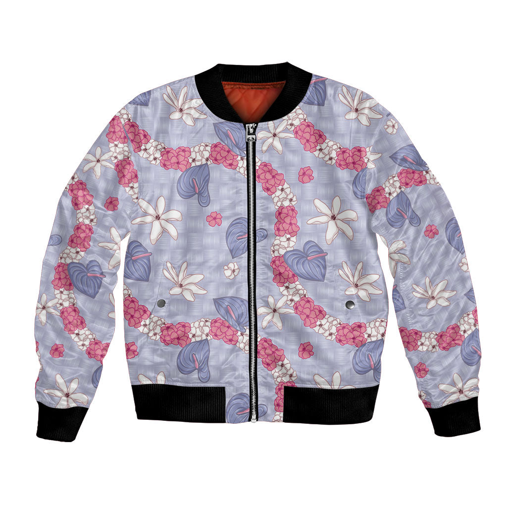 Hawaii Anthurium Tiare Pikake Lei Bomber Jacket Poni Lauhala Art Pattern LT01 Unisex Purple - Polynesian Pride