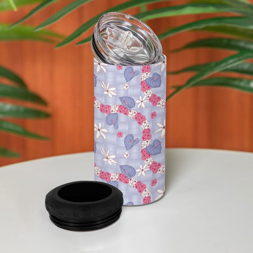 Hawaii Anthurium Tiare Pikake Lei 4 in 1 Can Cooler Tumbler Poni Lauhala Art Pattern LT01 - Polynesian Pride