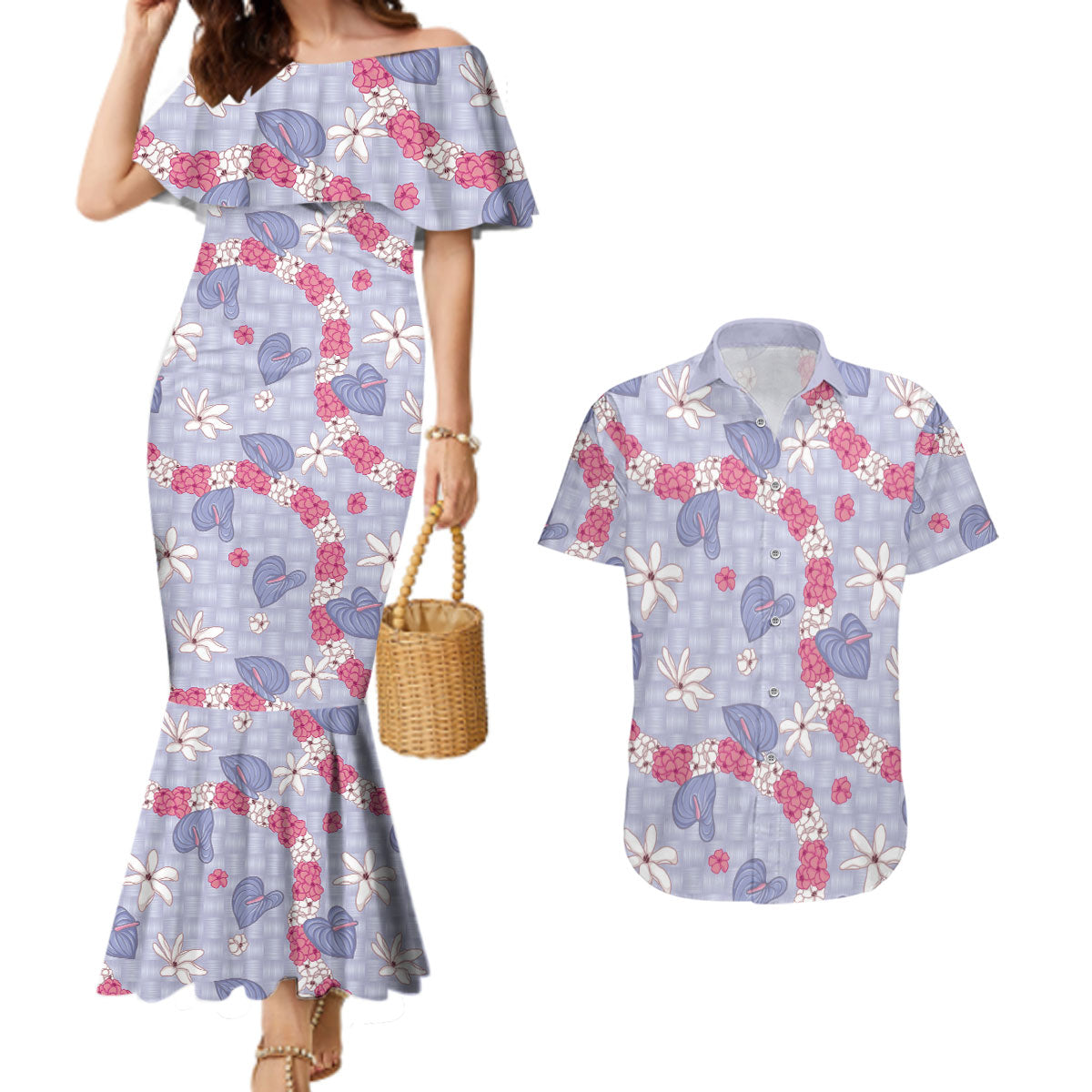 Hawaii Anthurium Tiare Pikake Lei Couples Matching Mermaid Dress and Hawaiian Shirt Poni Lauhala Art Pattern