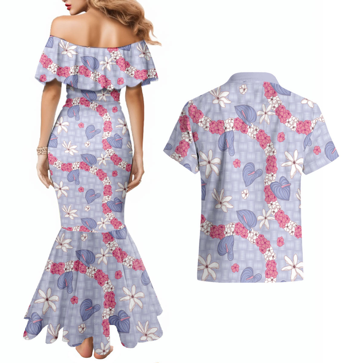 Hawaii Anthurium Tiare Pikake Lei Couples Matching Mermaid Dress and Hawaiian Shirt Poni Lauhala Art Pattern