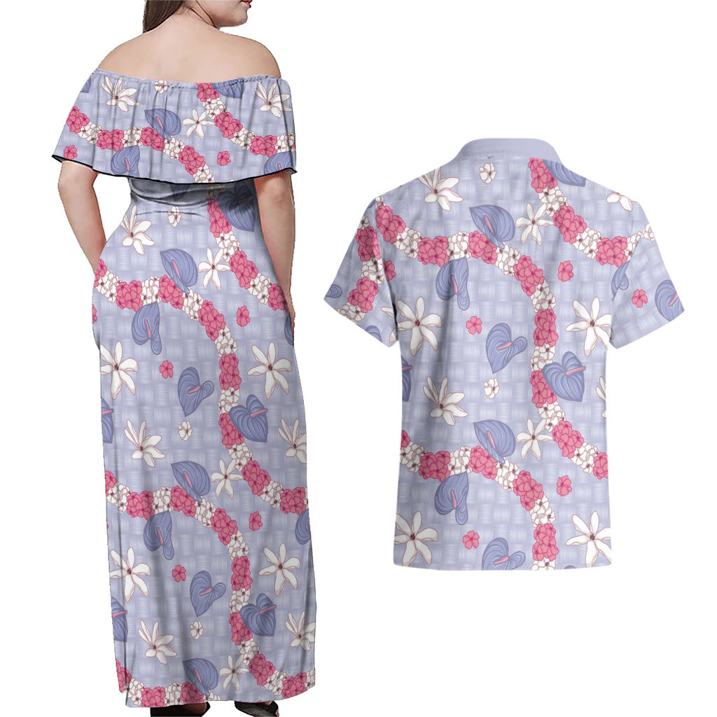 Hawaii Anthurium Tiare Pikake Lei Couples Matching Off Shoulder Maxi Dress and Hawaiian Shirt Poni Lauhala Art Pattern