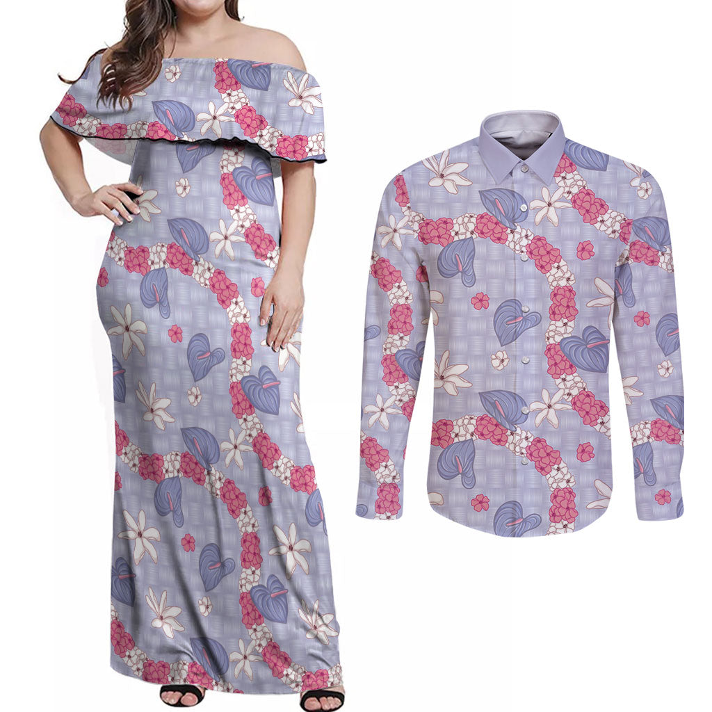 Hawaii Anthurium Tiare Pikake Lei Couples Matching Off Shoulder Maxi Dress and Long Sleeve Button Shirt Poni Lauhala Art Pattern LT01 Purple - Polynesian Pride