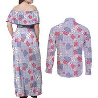 Hawaii Anthurium Tiare Pikake Lei Couples Matching Off Shoulder Maxi Dress and Long Sleeve Button Shirt Poni Lauhala Art Pattern LT01 - Polynesian Pride