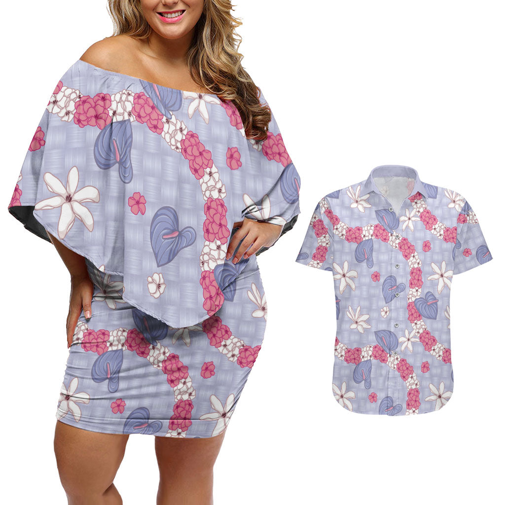 Hawaii Anthurium Tiare Pikake Lei Couples Matching Off Shoulder Short Dress and Hawaiian Shirt Poni Lauhala Art Pattern LT01 Purple - Polynesian Pride